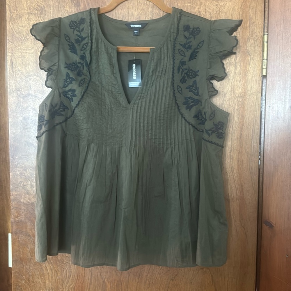 NWT EXPRESS - Small, olive green with black trim dressy tank top